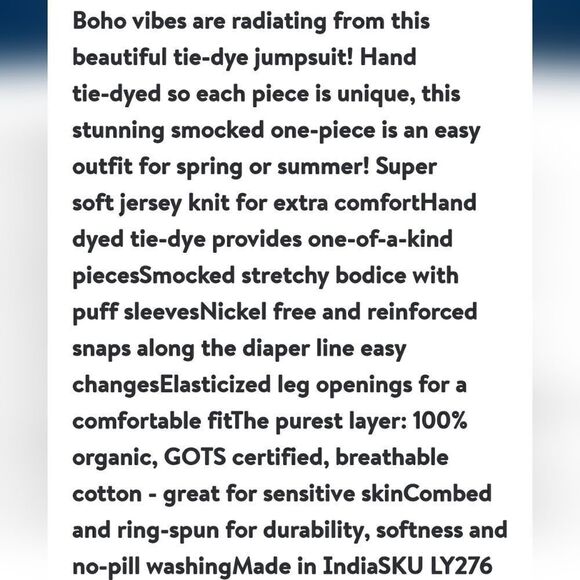 BURT'S BEES BABY TIE-DYE SMOCKED ORGANIC ROMPER JUMPSUIT, SIZE 6-9 MONTHS - Picture 6 of 7